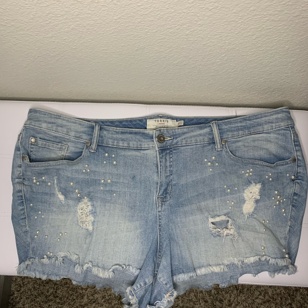 Denim shirts w/ pearl & distressed detail